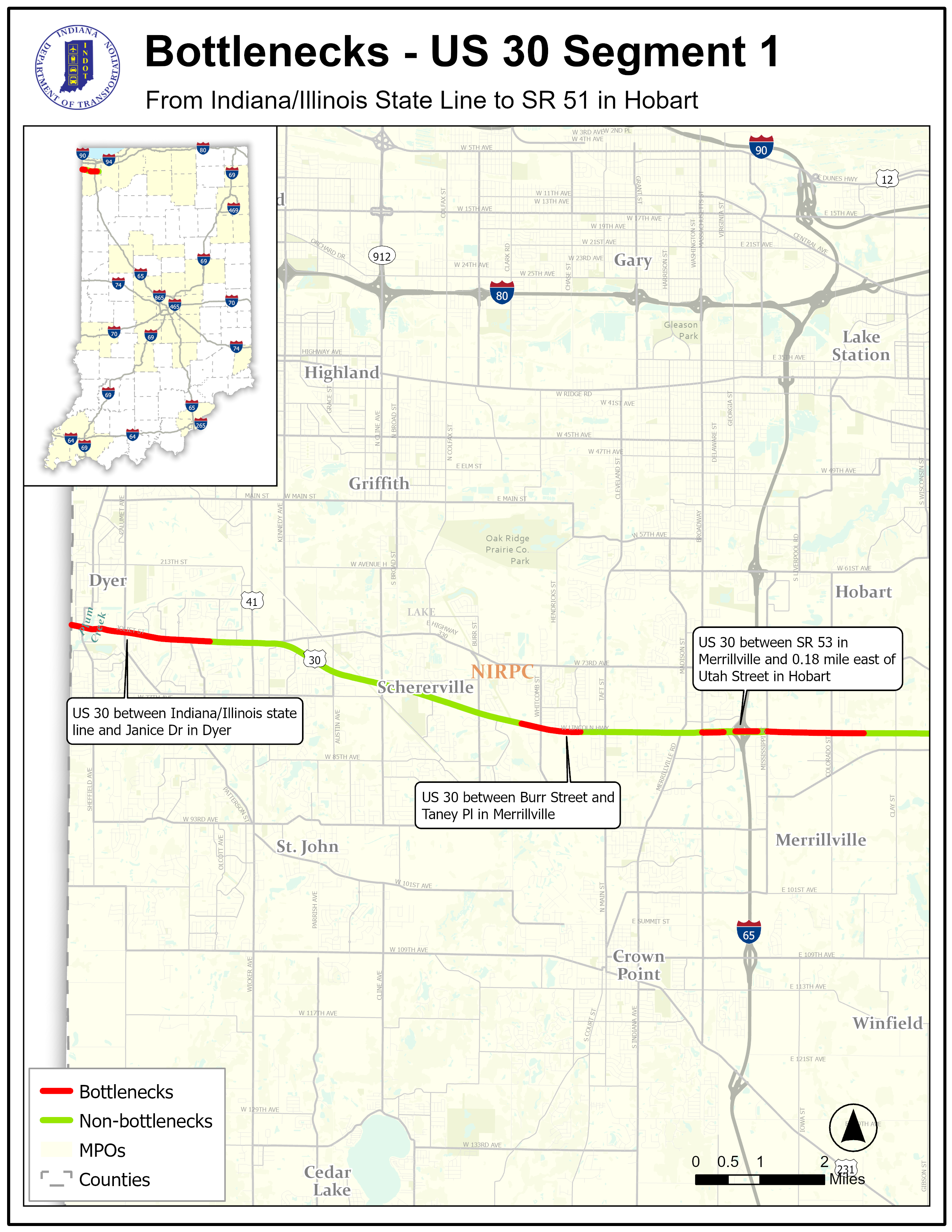 Bottleneck map for US 30 Segment 1, from the Indiana/Illinois state line to SR 51 in Hobart, showing bottleneck and non-bottleneck stretches