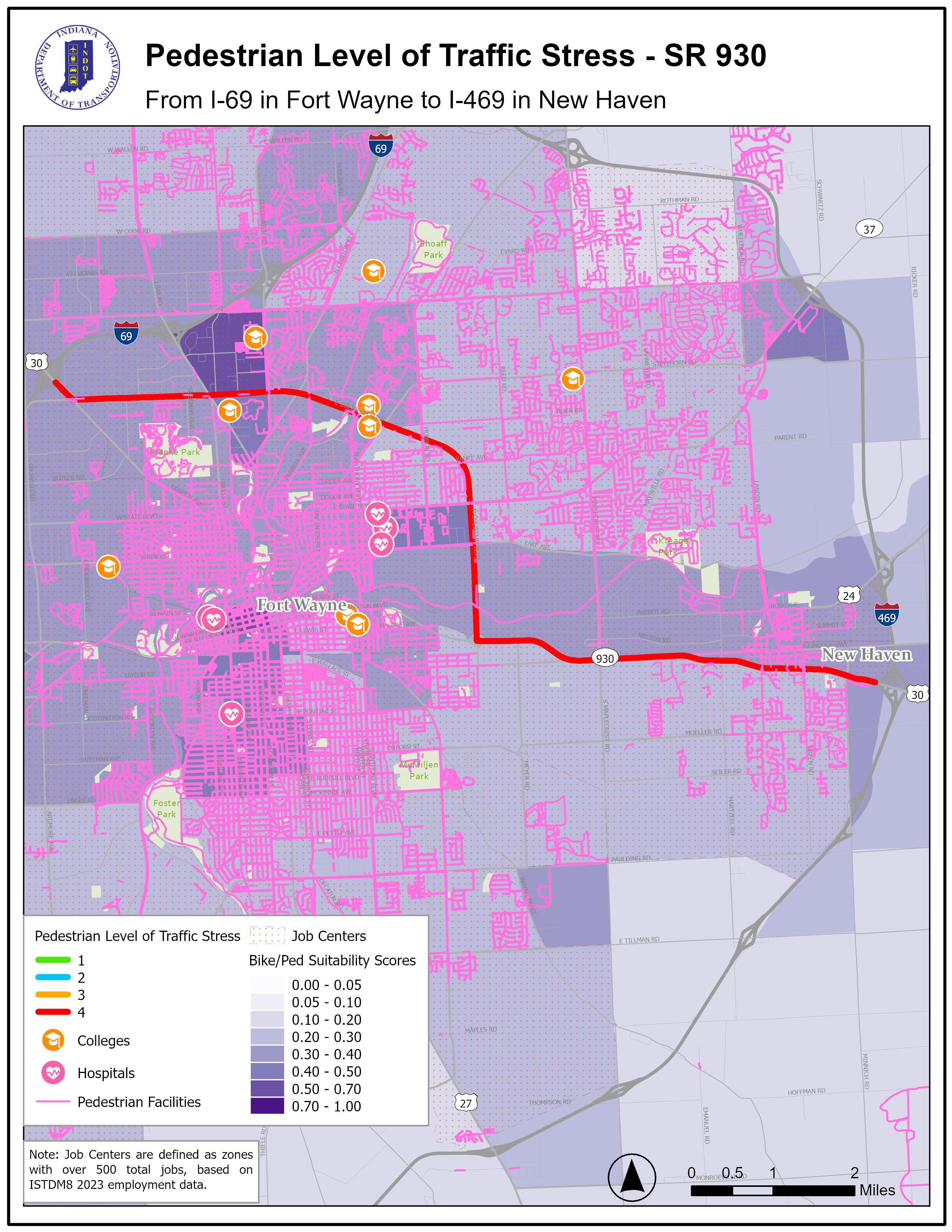 Pedestrian Level of Traffic Stress map for SR 930, from I-69 in Fort Wayne to I-469 in New Haven