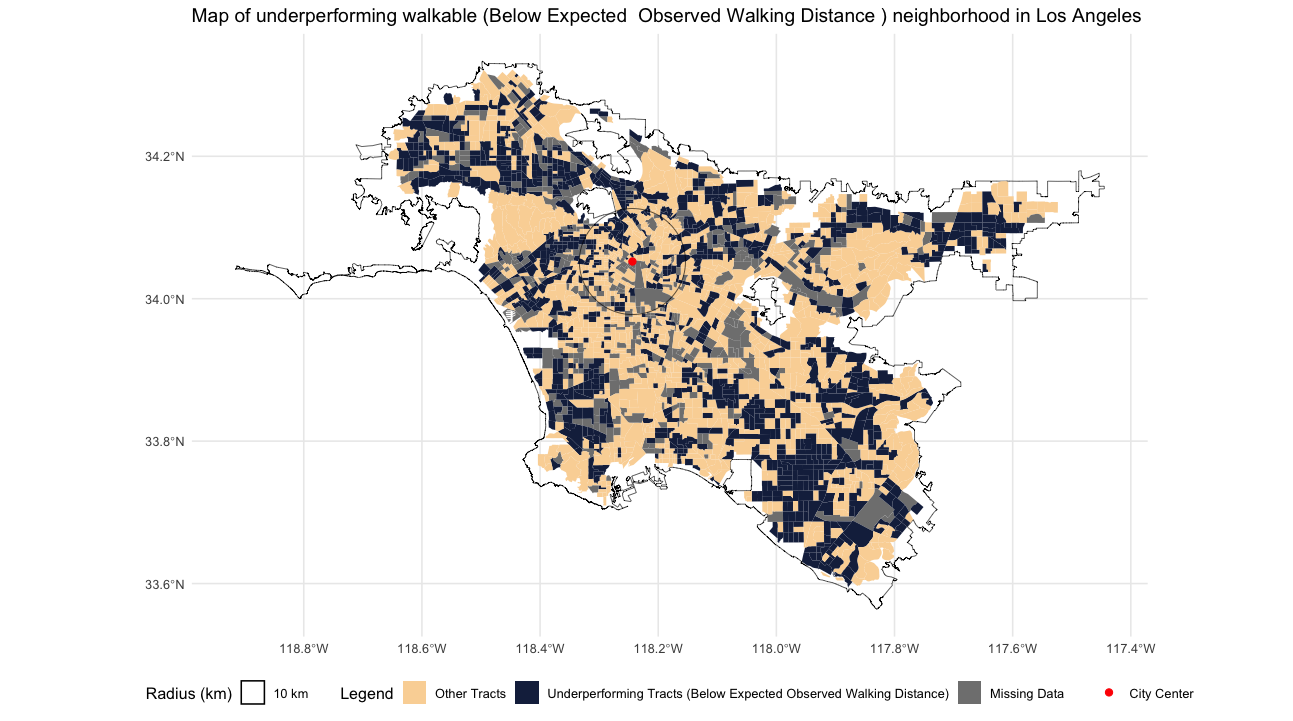 Map of Los Angeles tracts underperforming on observed walking distance relative to Walk Score