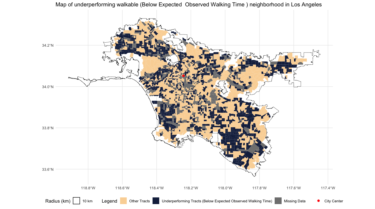 Map of Los Angeles tracts underperforming on observed walking time relative to Walk Score