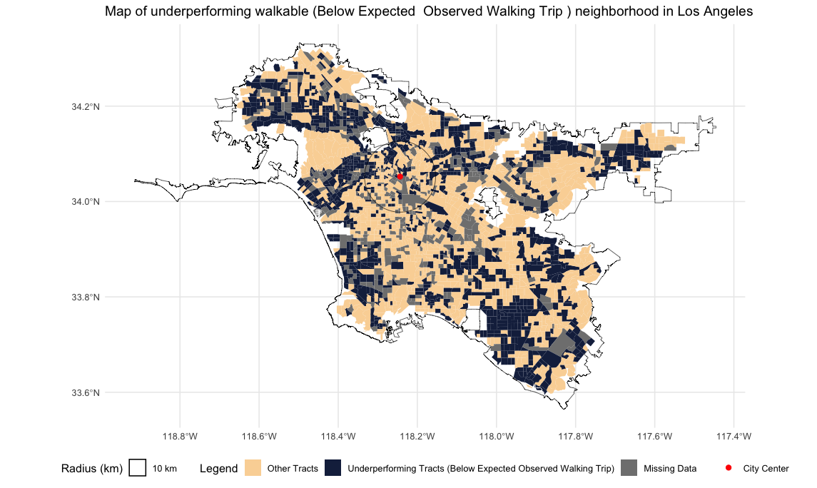 Map of Los Angeles tracts underperforming on observed walking trips relative to Walk Score
