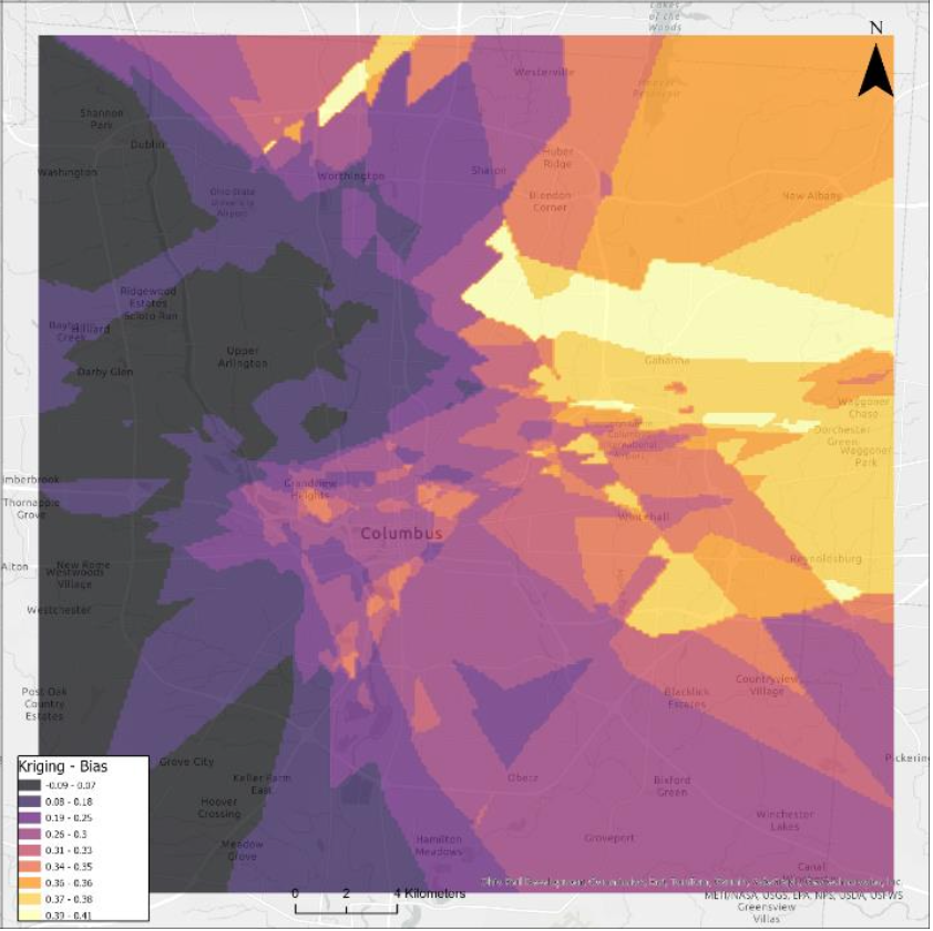 Map of Columbus showing the spatial distribution of bias magnitude between simulated and human safety ratings