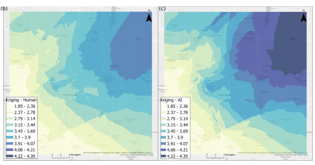 Kriged interpolation maps of perceived safety across Columbus, human ratings versus simulated ratings
